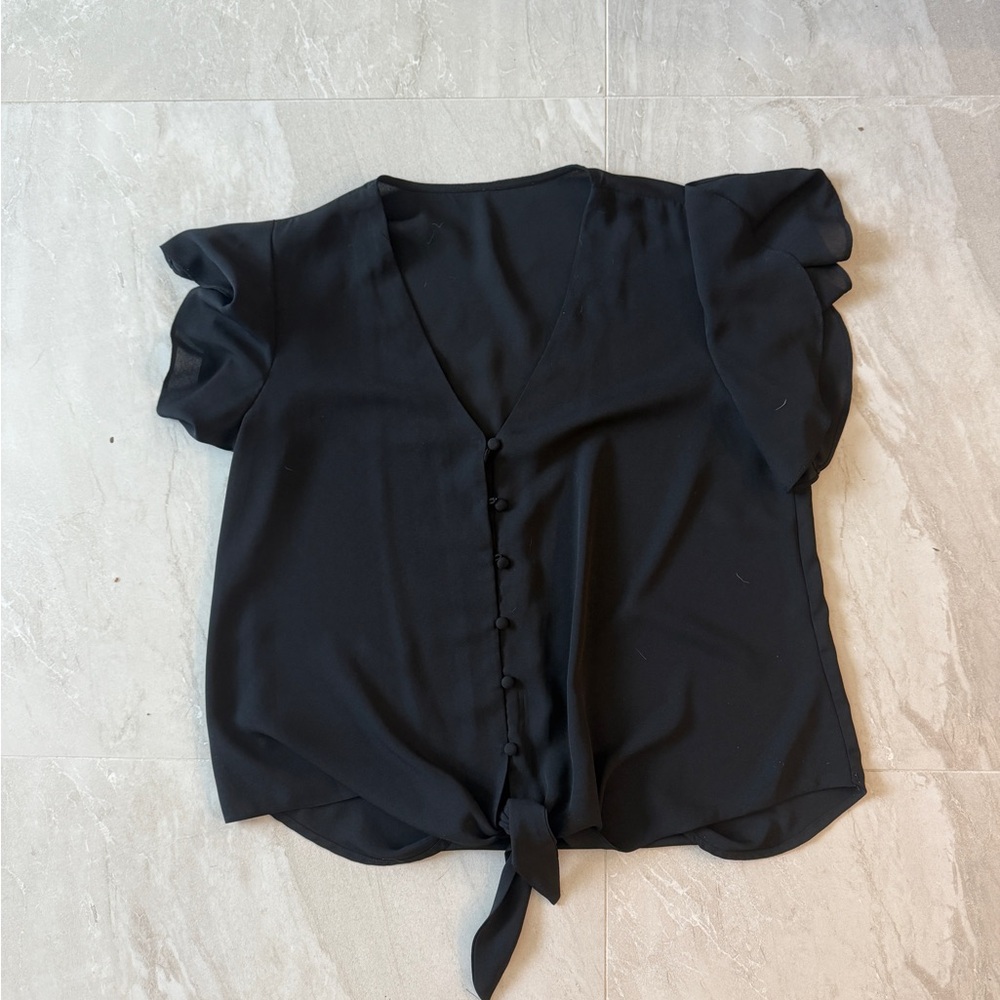 Amazon Black Short Sleeve Tie Front Blouse